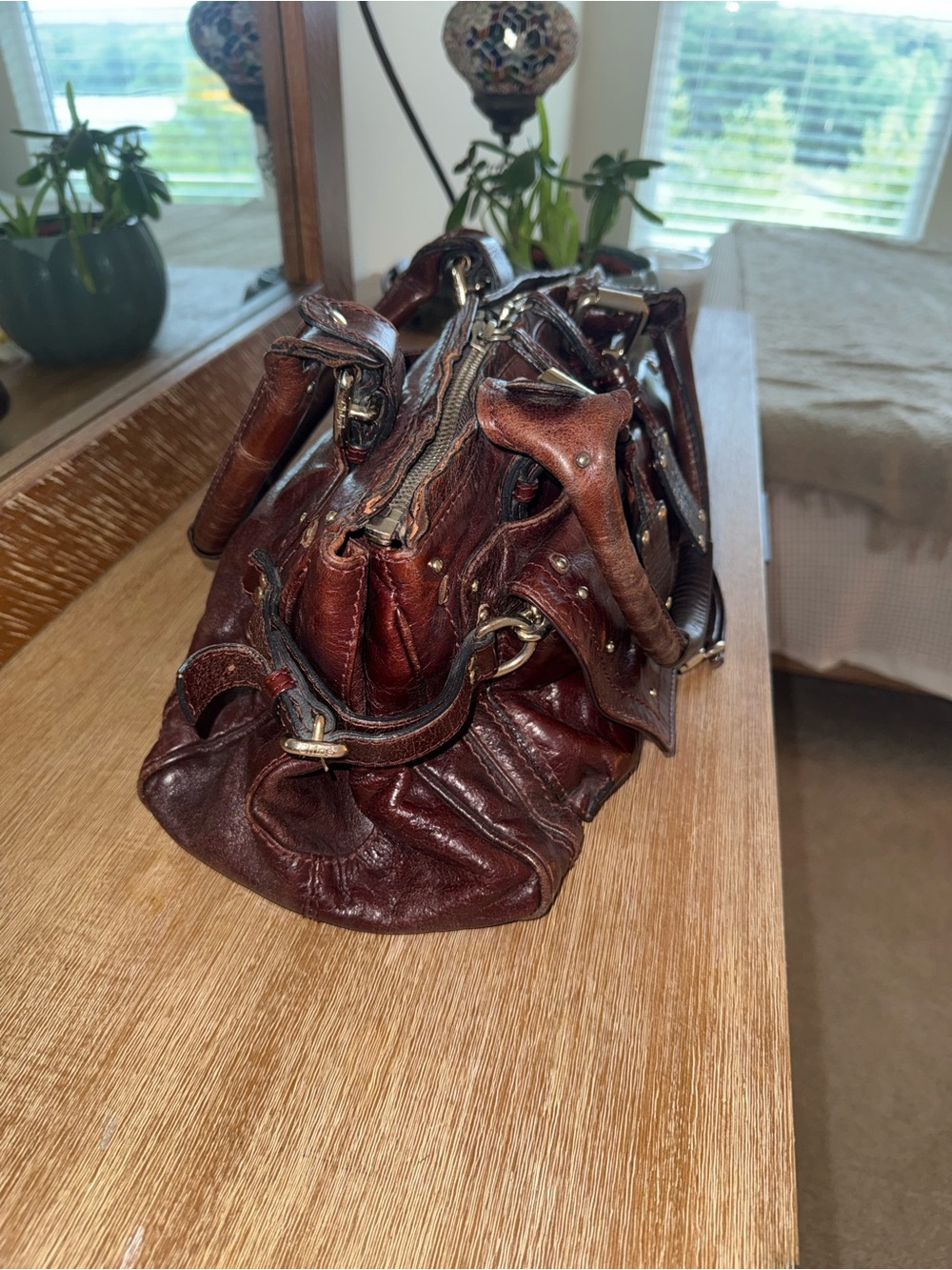 Chloe Deep Brown Leather Shoulder Bag with Brass Hardware